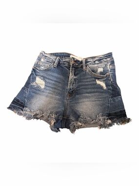 Frayed Hem Distressed Denim Shorts - Blue